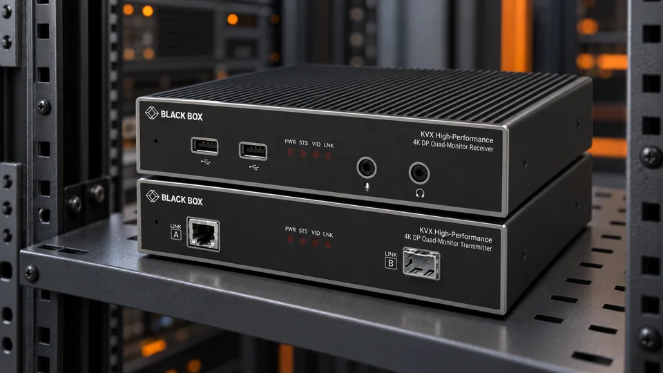 Передатчик и приёмник Black Box KVXHP-400 на полке ИТ-стойки
