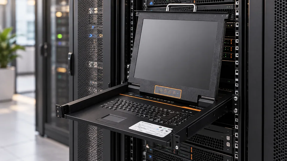 Выдвижная KVM-консоль Evetron RD V1916V-IP в серверной стойке